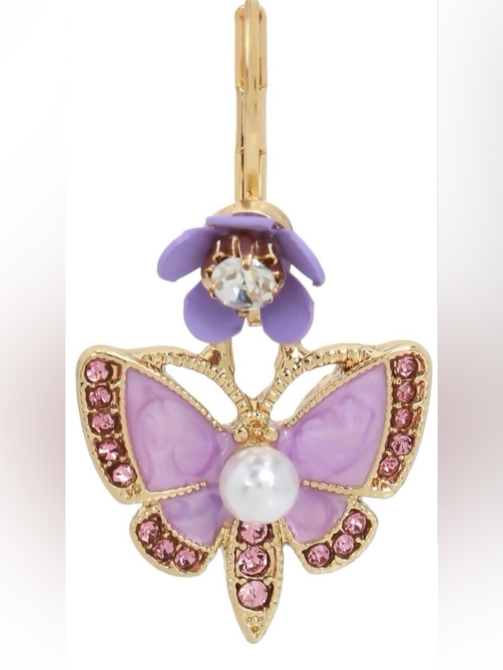 Betsey Johnson Purple Butterfly Pearl Drop Earrings - Picture 3 of 3